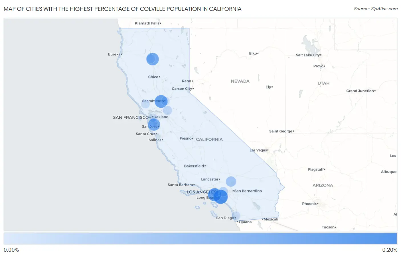 Cities with the Highest Percentage of Colville Population in California Map