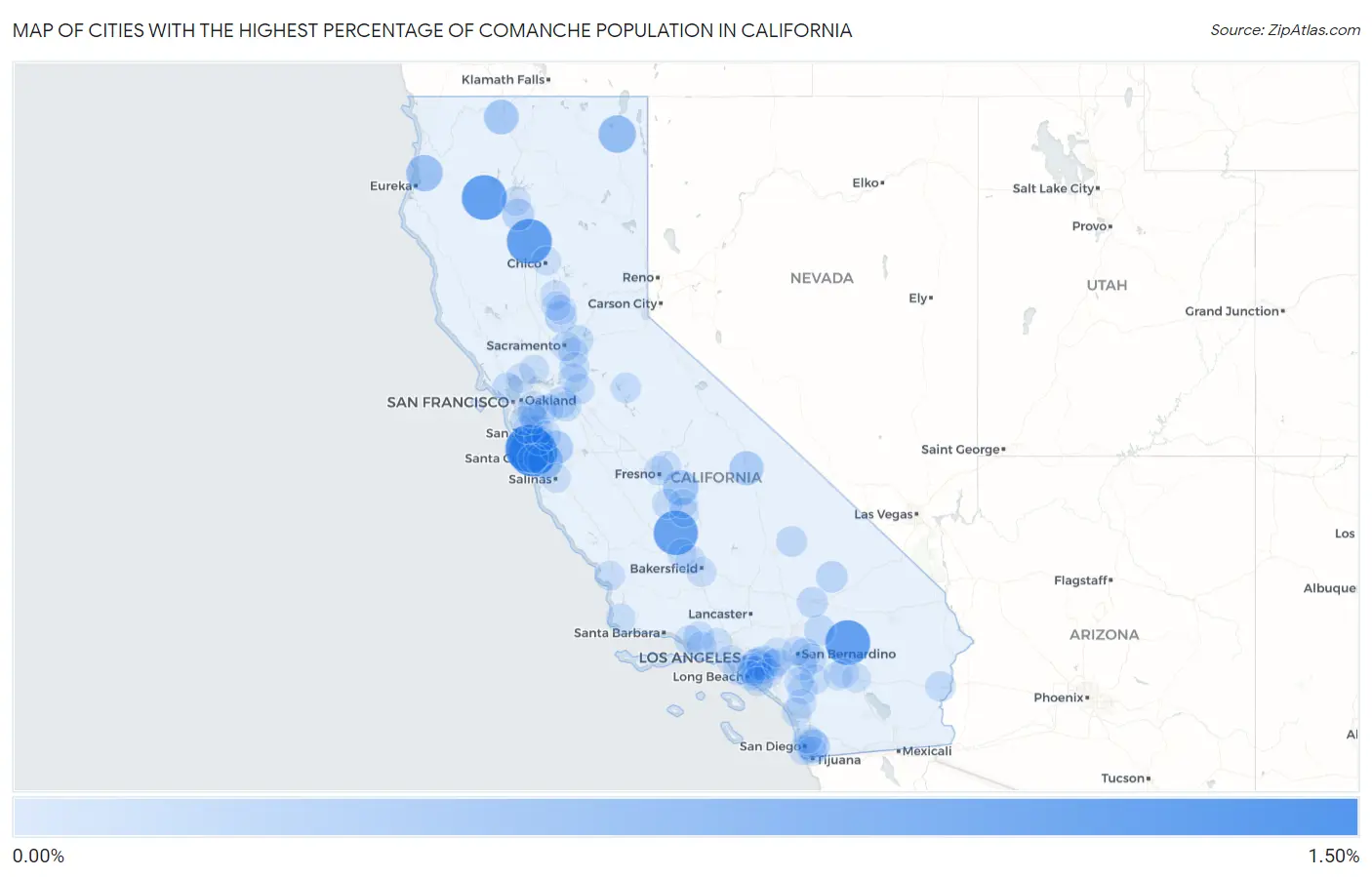 Cities with the Highest Percentage of Comanche Population in California Map