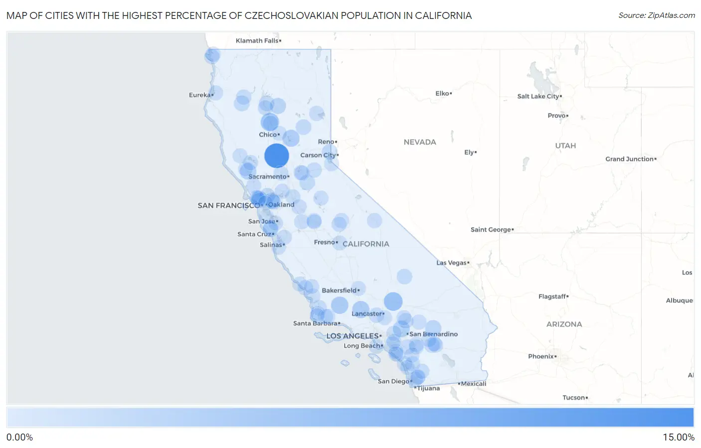 Cities with the Highest Percentage of Czechoslovakian Population in California Map