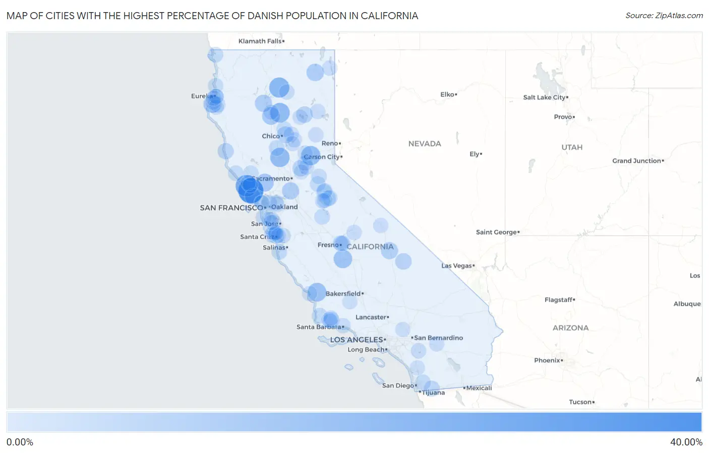 Cities with the Highest Percentage of Danish Population in California Map