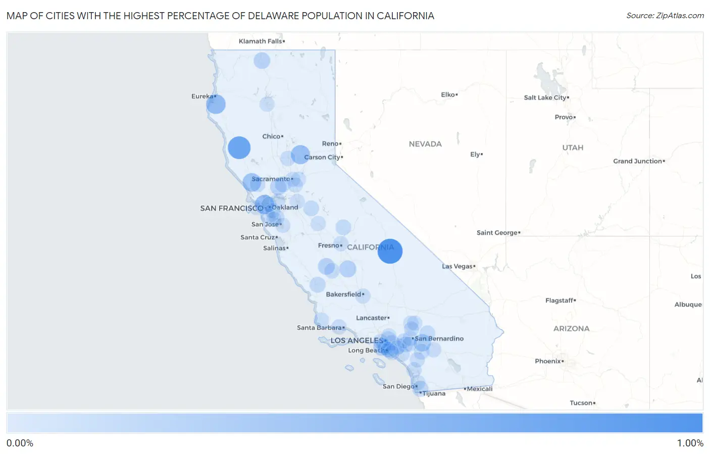 Cities with the Highest Percentage of Delaware Population in California Map