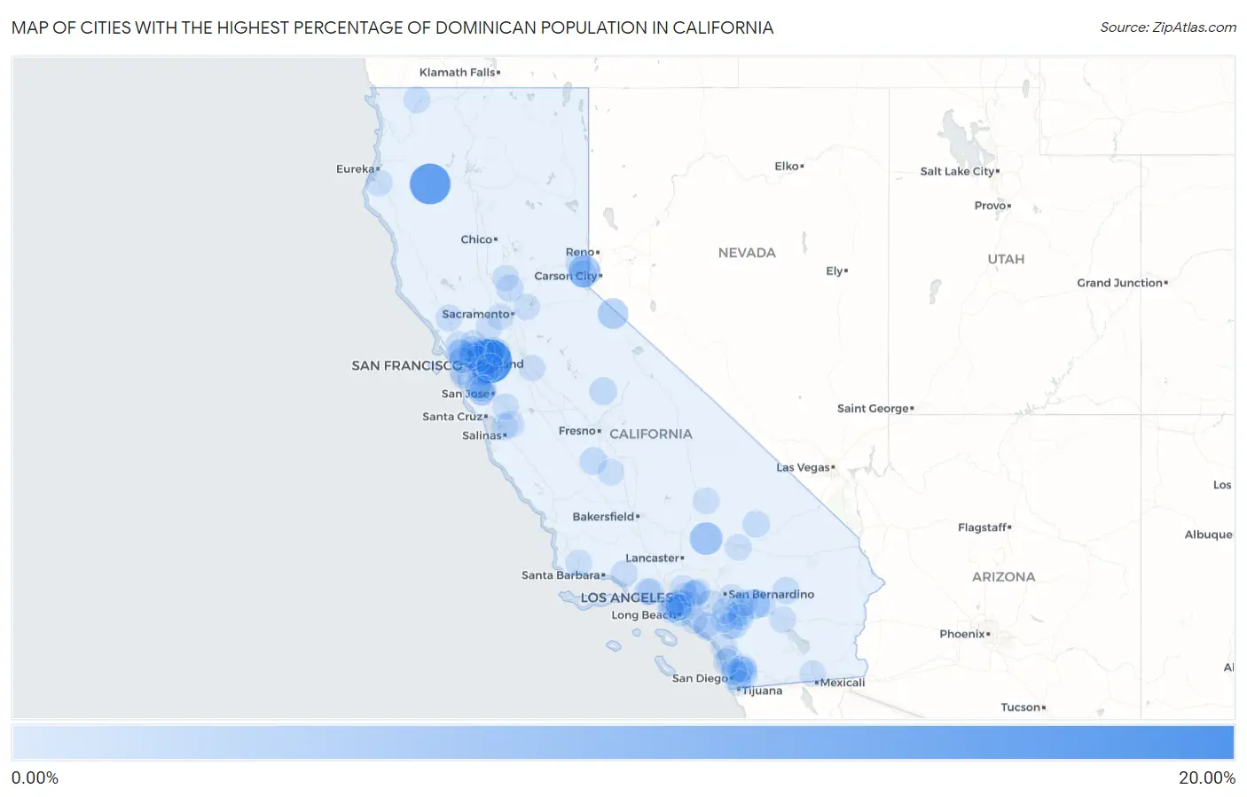 Cities with the Highest Percentage of Dominican Population in California Map