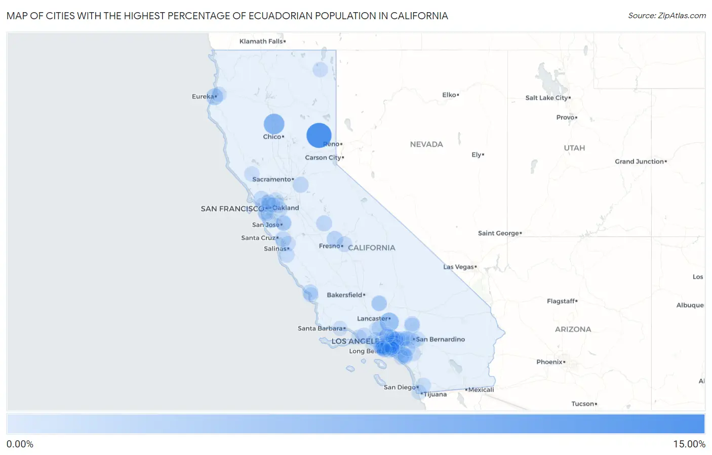 Cities with the Highest Percentage of Ecuadorian Population in California Map