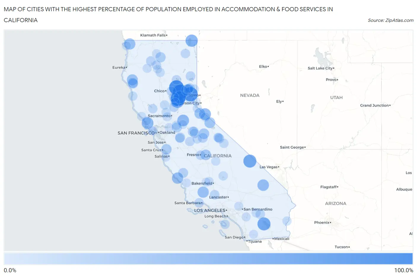 Cities with the Highest Percentage of Population Employed in Accommodation & Food Services in California Map