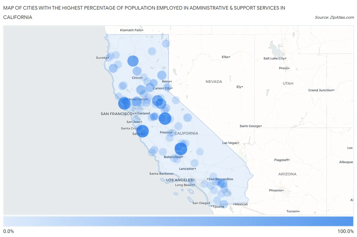 Cities with the Highest Percentage of Population Employed in Administrative & Support Services in California Map