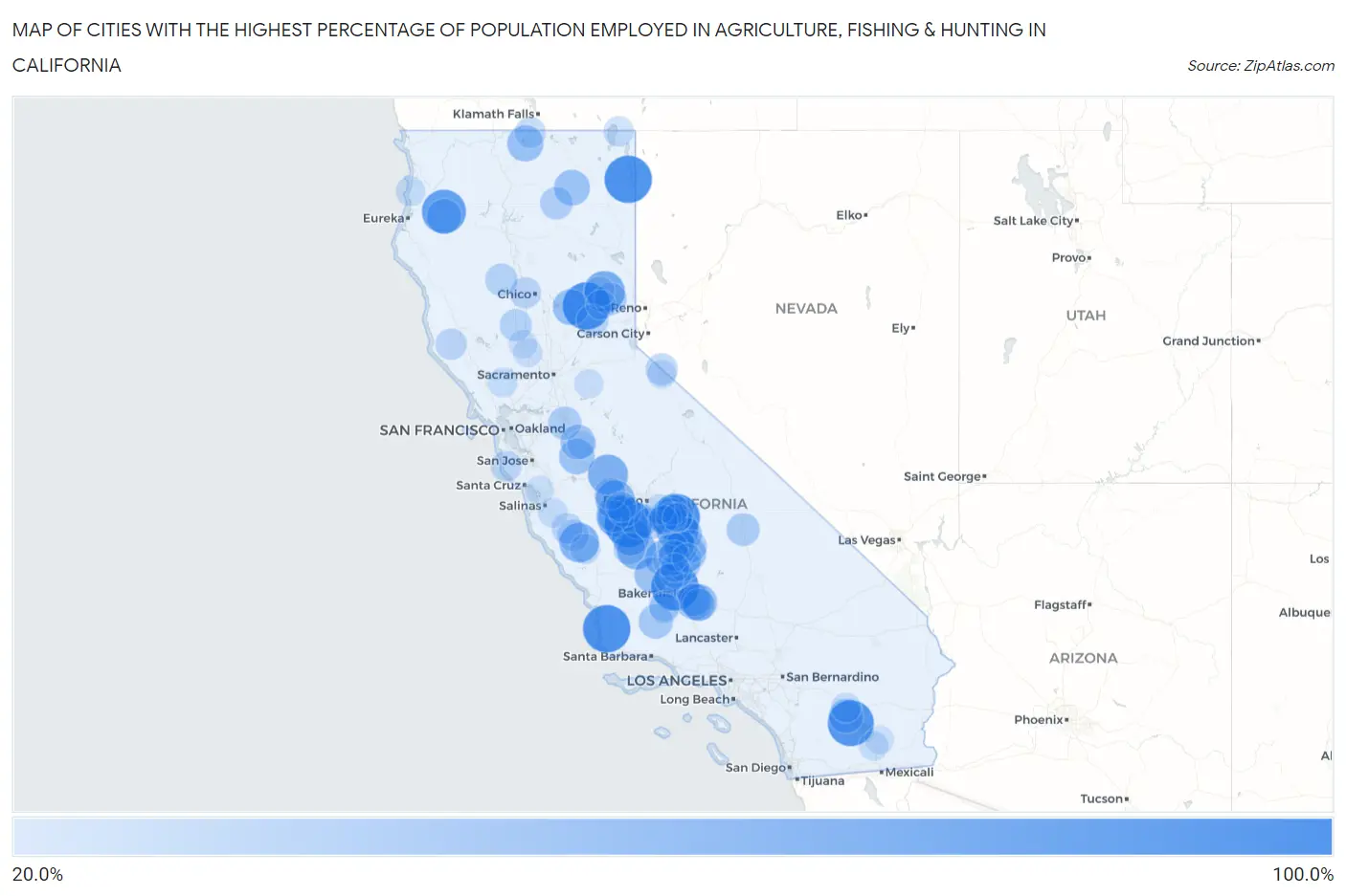 Cities with the Highest Percentage of Population Employed in Agriculture, Fishing & Hunting in California Map