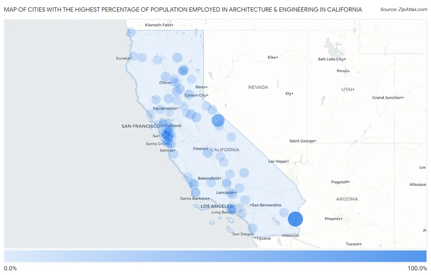 Cities with the Highest Percentage of Population Employed in Architecture & Engineering in California Map