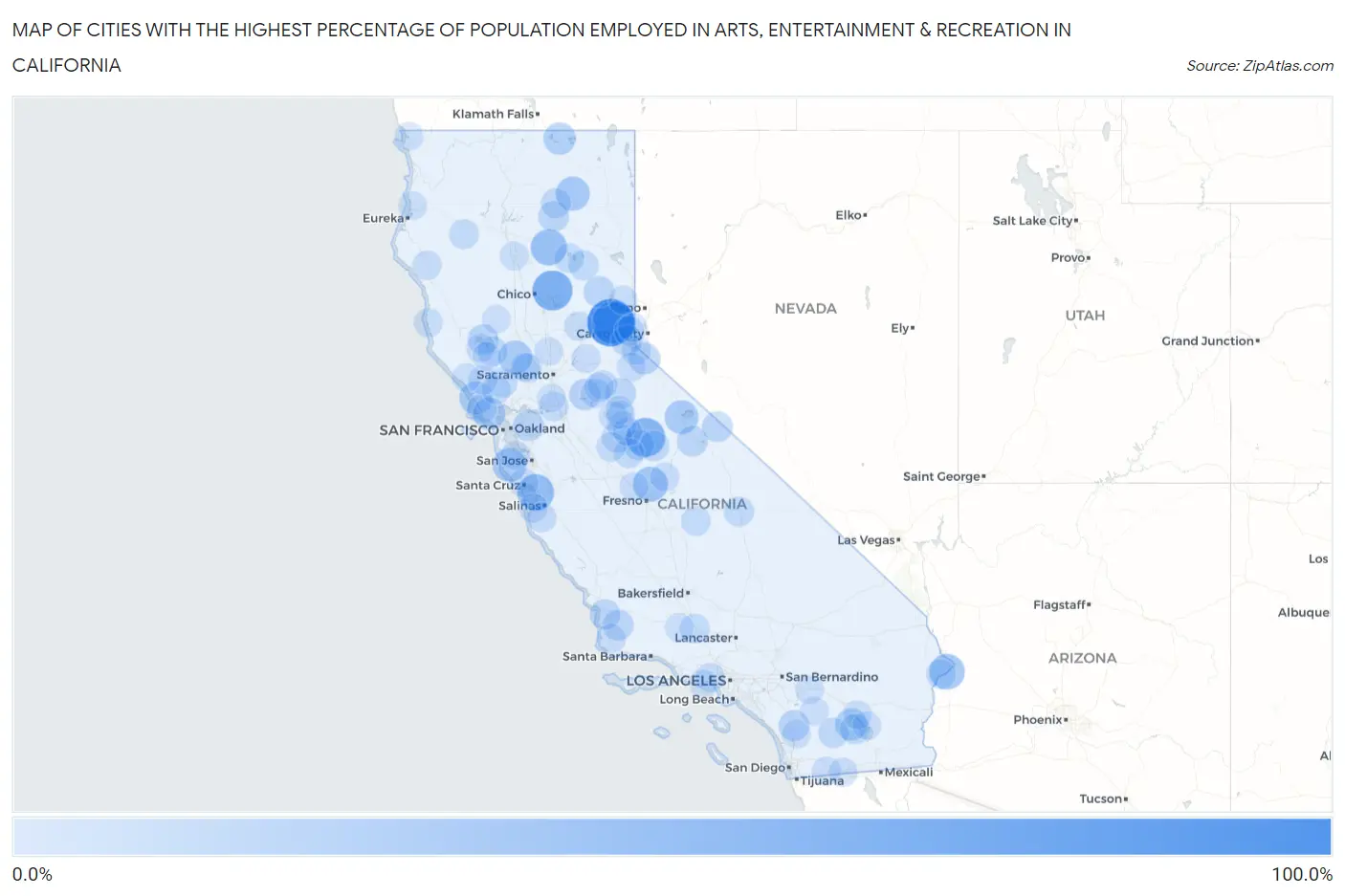 Cities with the Highest Percentage of Population Employed in Arts, Entertainment & Recreation in California Map