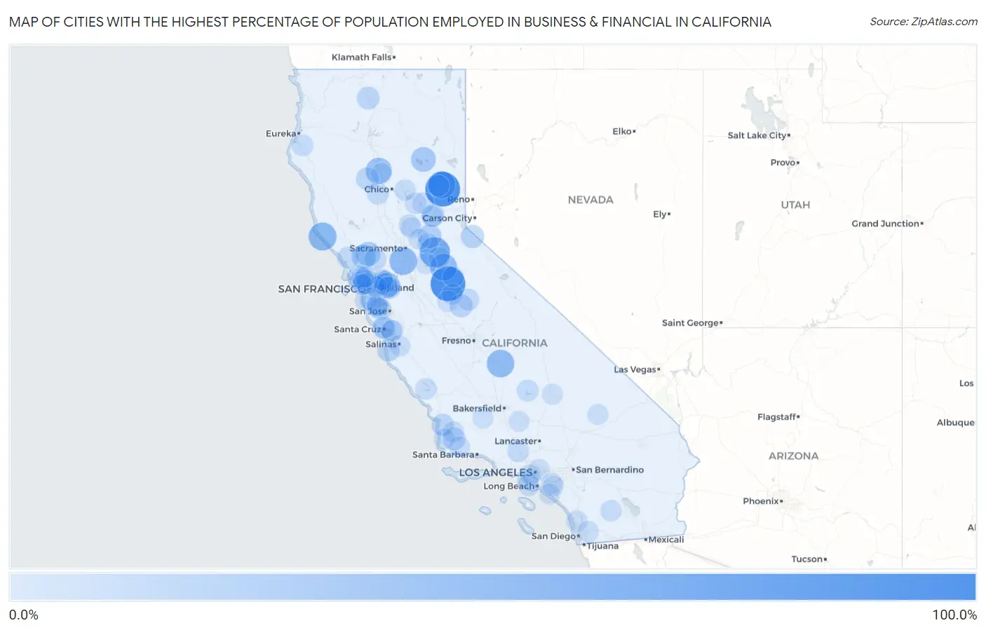 Cities with the Highest Percentage of Population Employed in Business & Financial in California Map