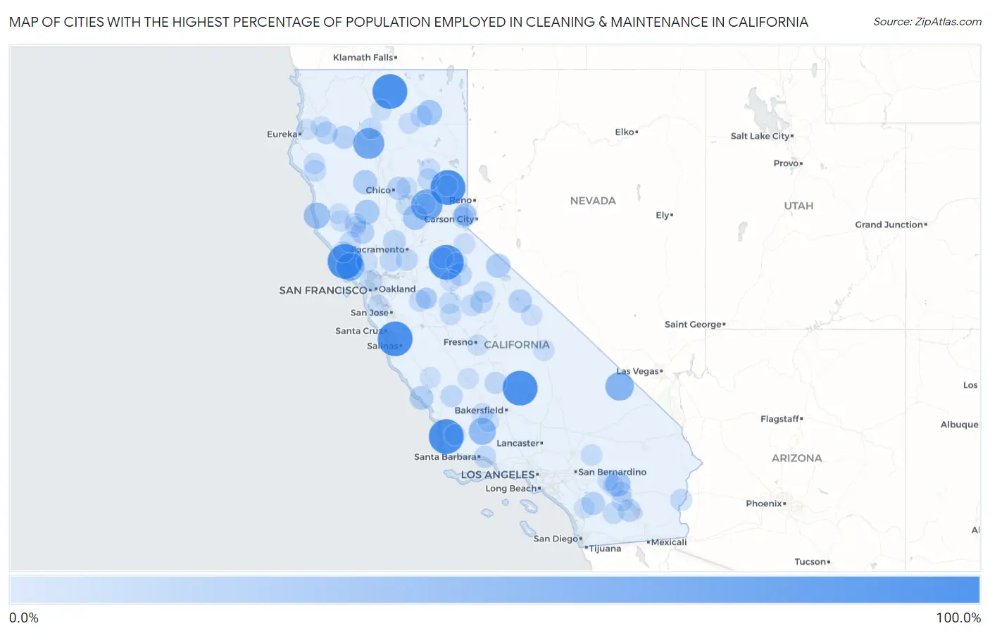 Cities with the Highest Percentage of Population Employed in Cleaning & Maintenance in California Map