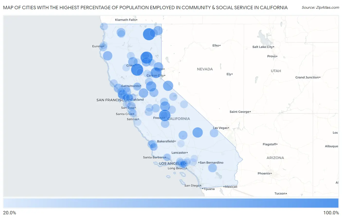 Cities with the Highest Percentage of Population Employed in Community & Social Service  in California Map