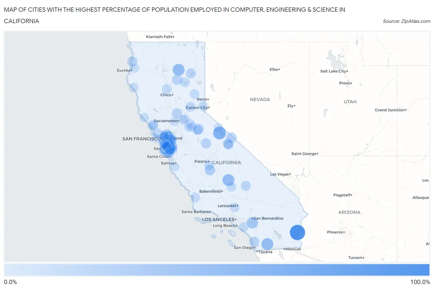 Cities with the Highest Percentage of Population Employed in Computer, Engineering & Science in California Map