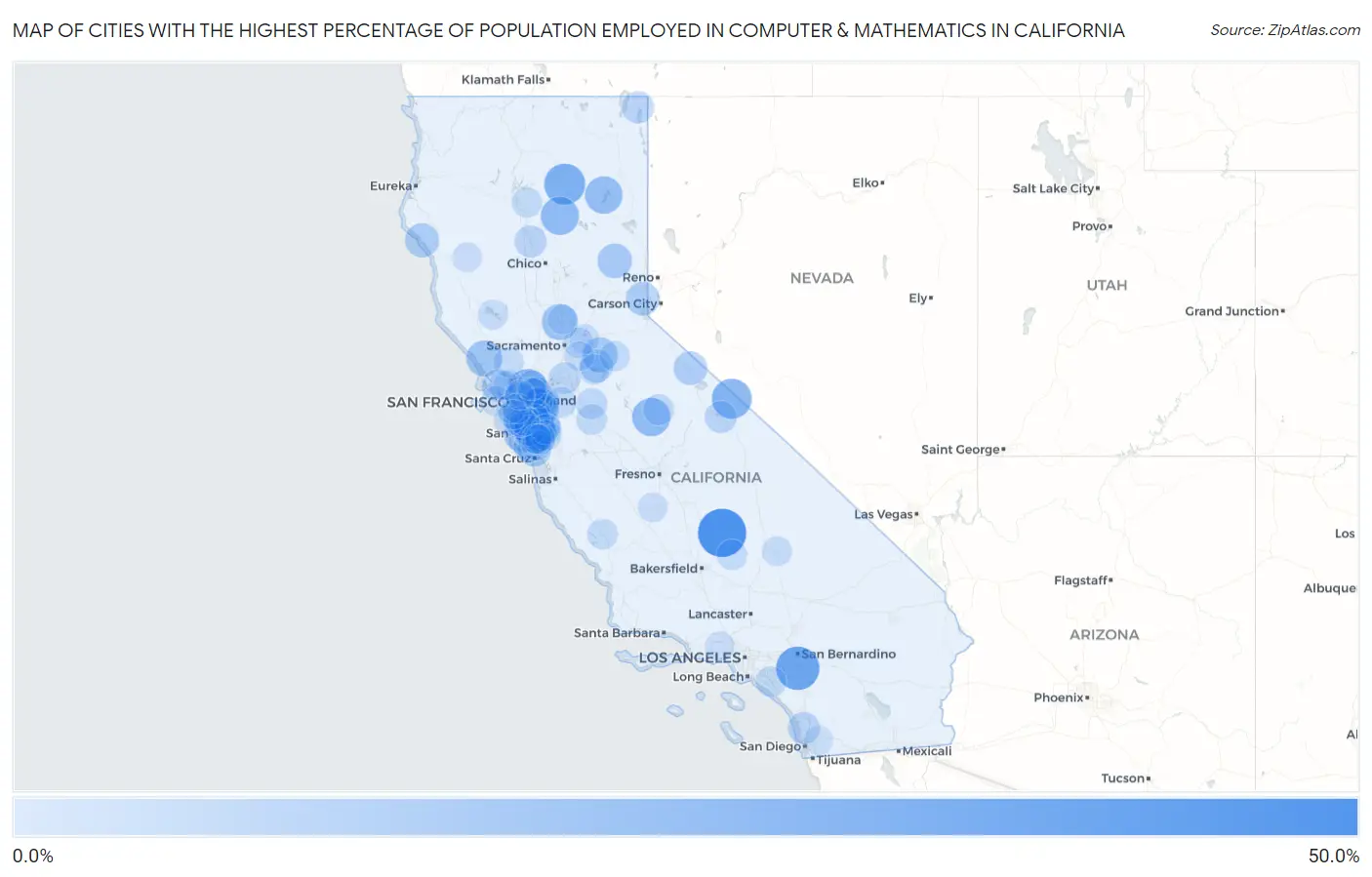Cities with the Highest Percentage of Population Employed in Computer & Mathematics in California Map