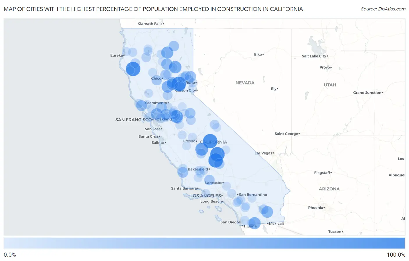 Cities with the Highest Percentage of Population Employed in Construction in California Map