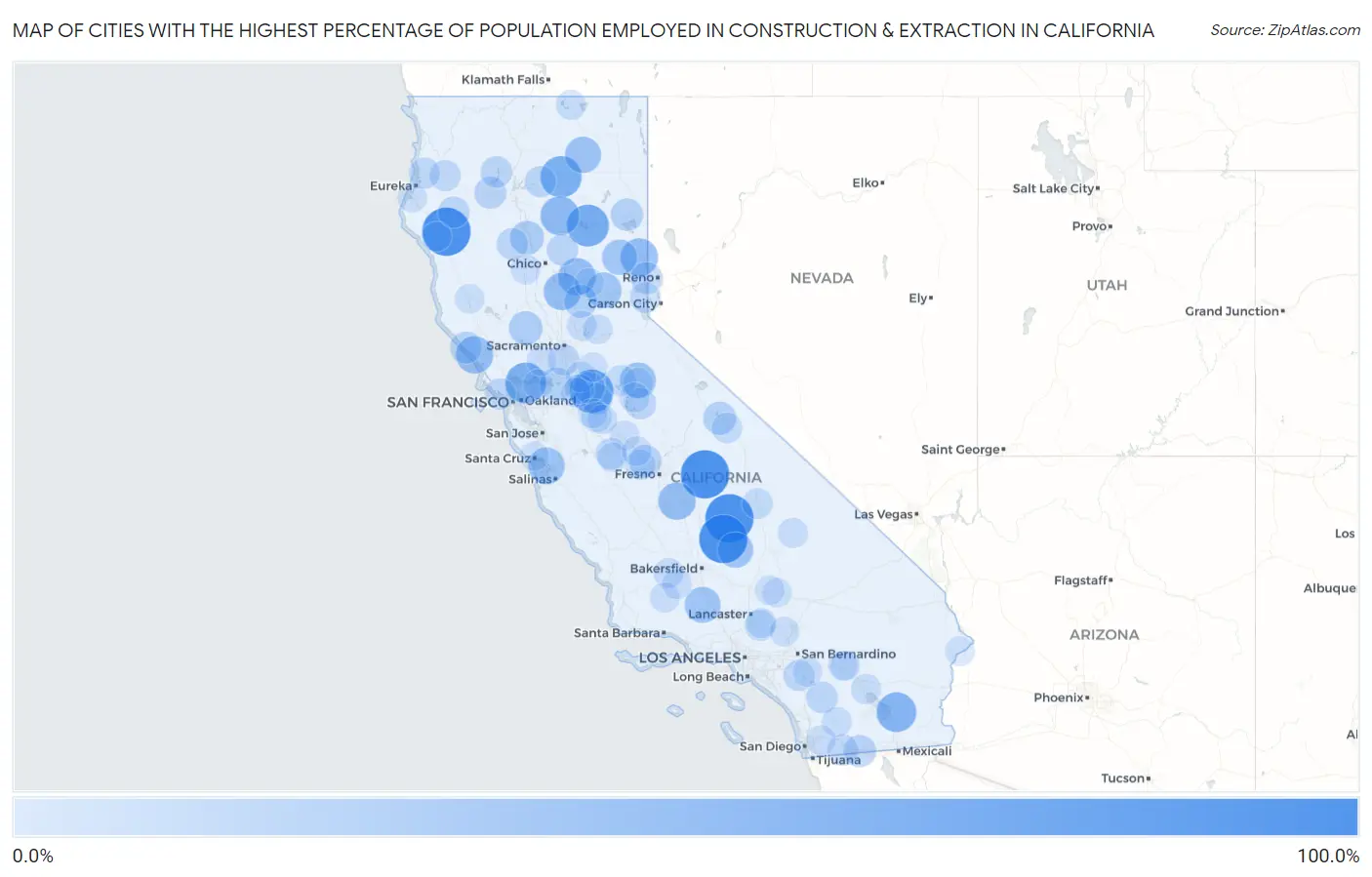 Cities with the Highest Percentage of Population Employed in Construction & Extraction in California Map