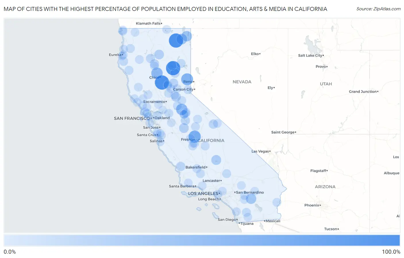 Cities with the Highest Percentage of Population Employed in Education, Arts & Media in California Map