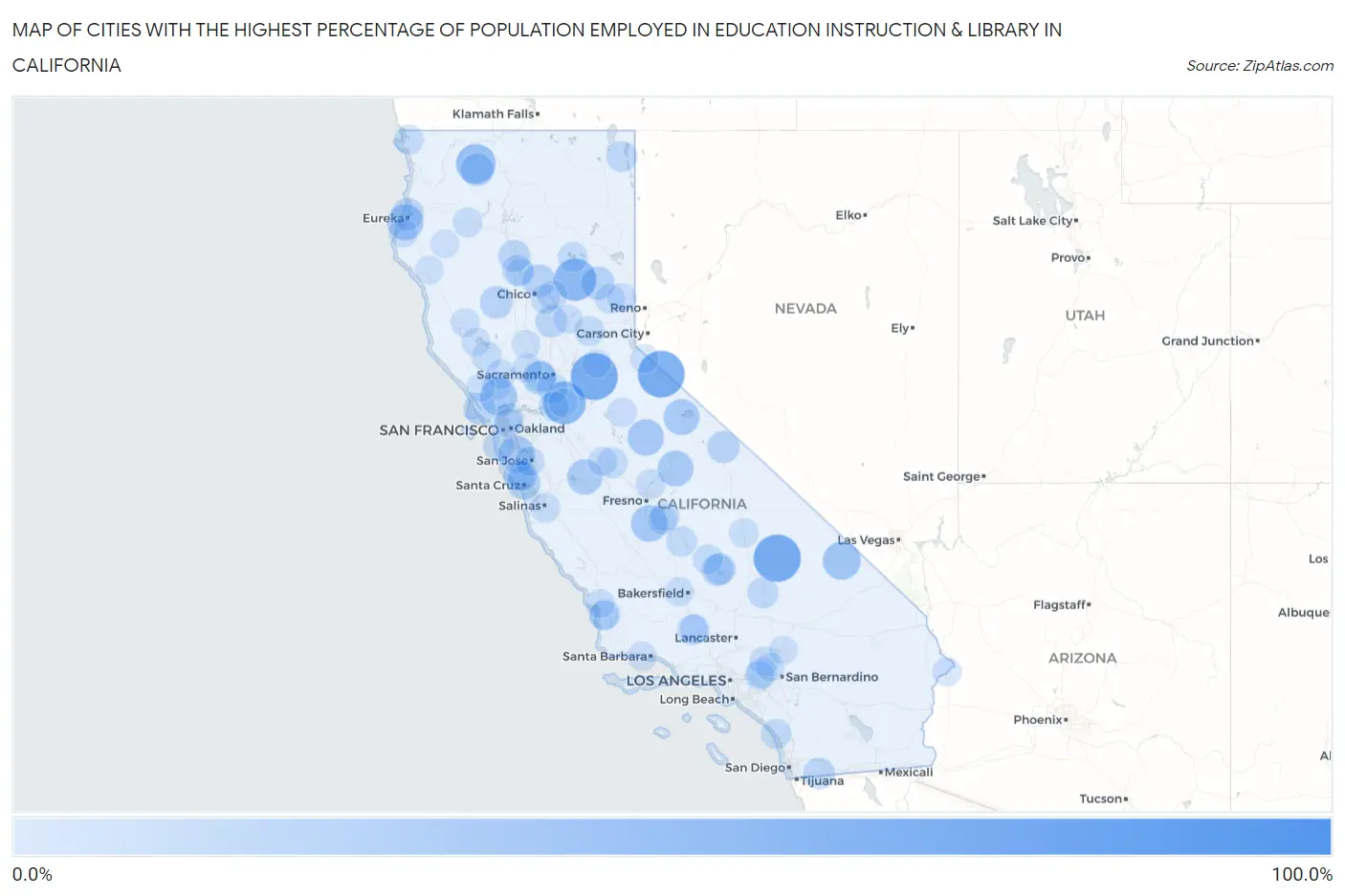 Cities with the Highest Percentage of Population Employed in Education Instruction & Library in California Map
