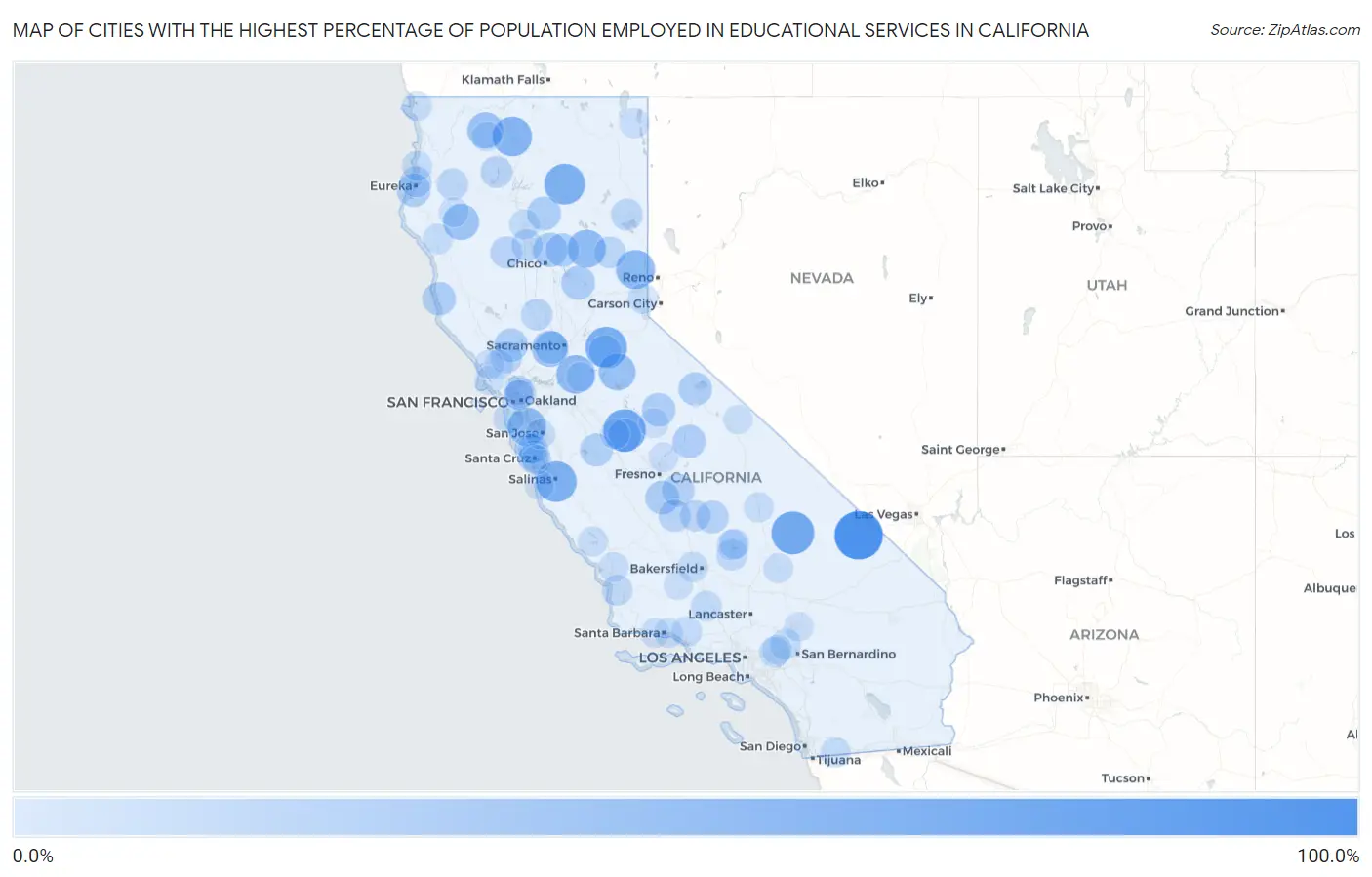 Cities with the Highest Percentage of Population Employed in Educational Services in California Map