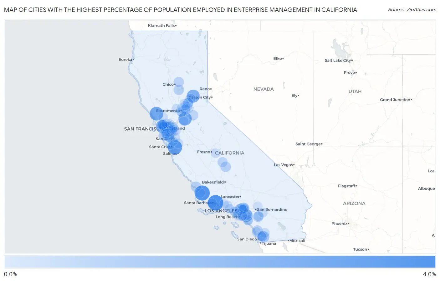 Cities with the Highest Percentage of Population Employed in Enterprise Management in California Map