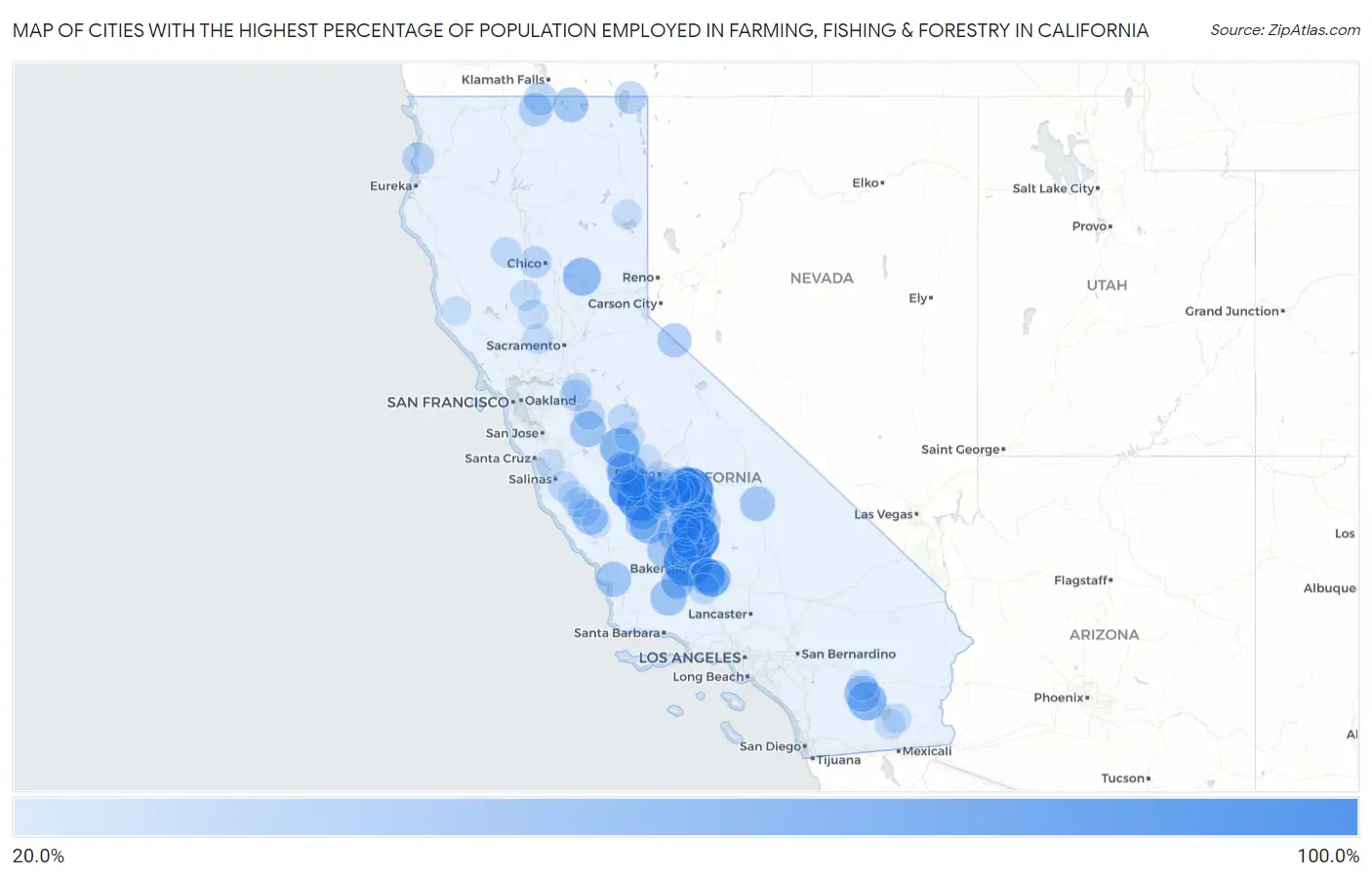 Cities with the Highest Percentage of Population Employed in Farming, Fishing & Forestry in California Map