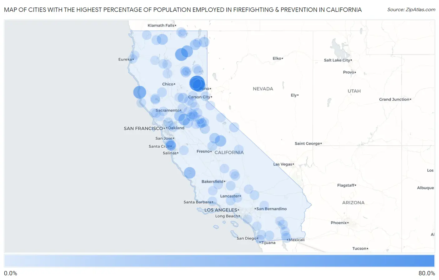 Cities with the Highest Percentage of Population Employed in Firefighting & Prevention in California Map