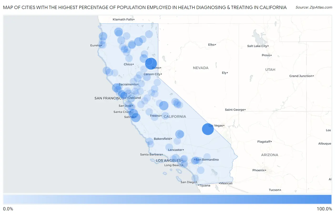 Cities with the Highest Percentage of Population Employed in Health Diagnosing & Treating in California Map
