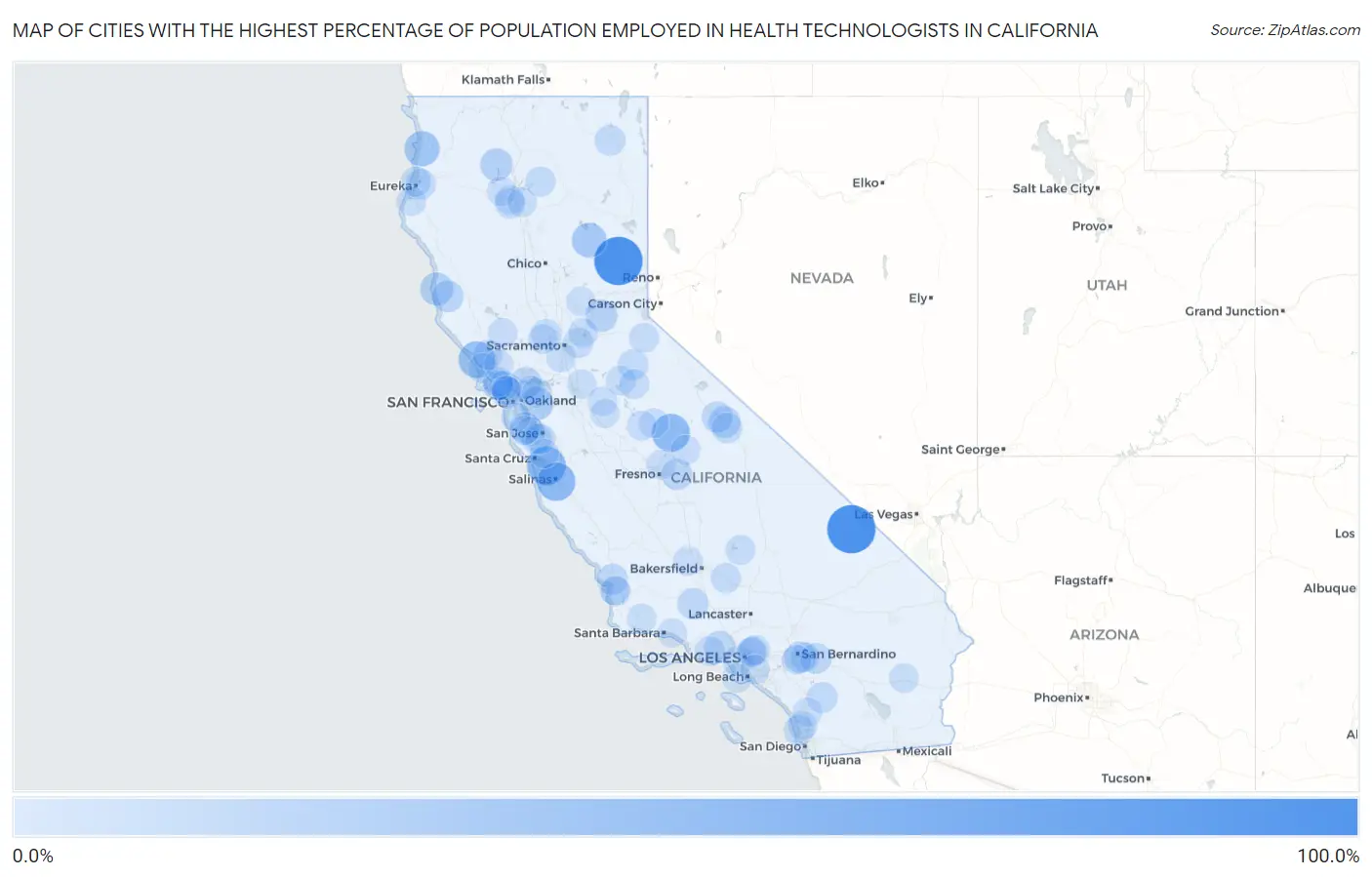 Cities with the Highest Percentage of Population Employed in Health Technologists in California Map
