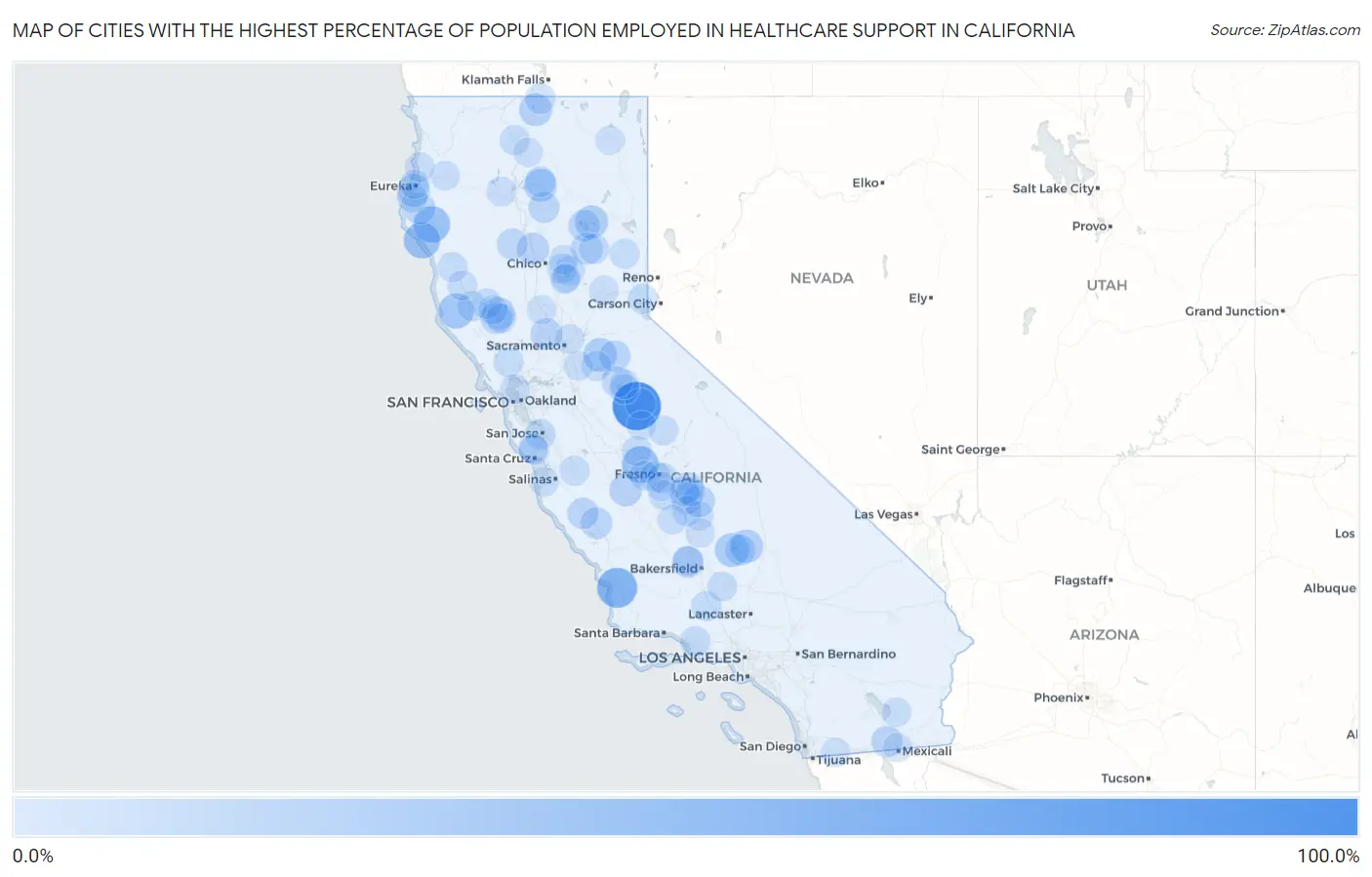 Cities with the Highest Percentage of Population Employed in Healthcare Support in California Map