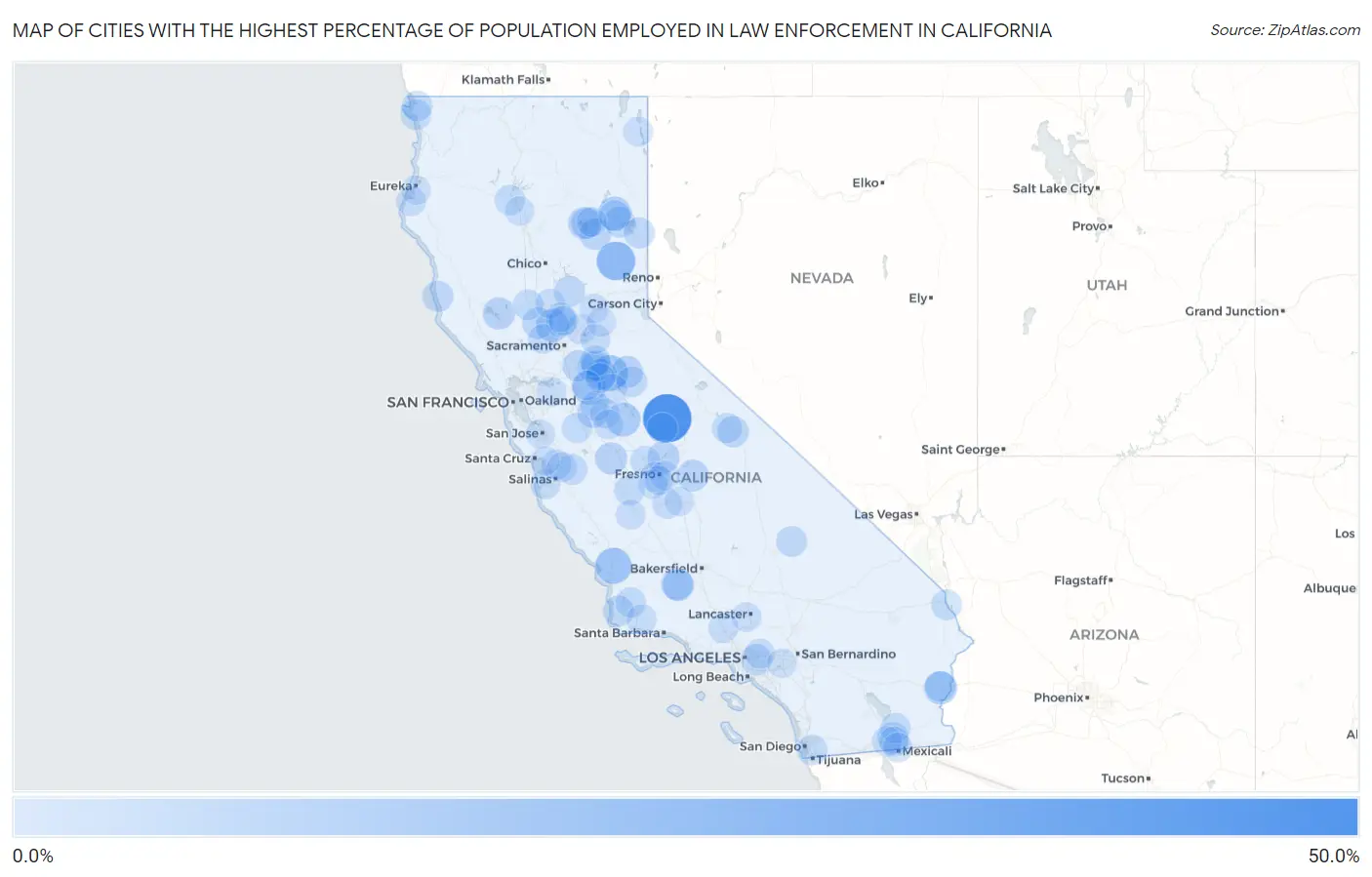Cities with the Highest Percentage of Population Employed in Law Enforcement in California Map