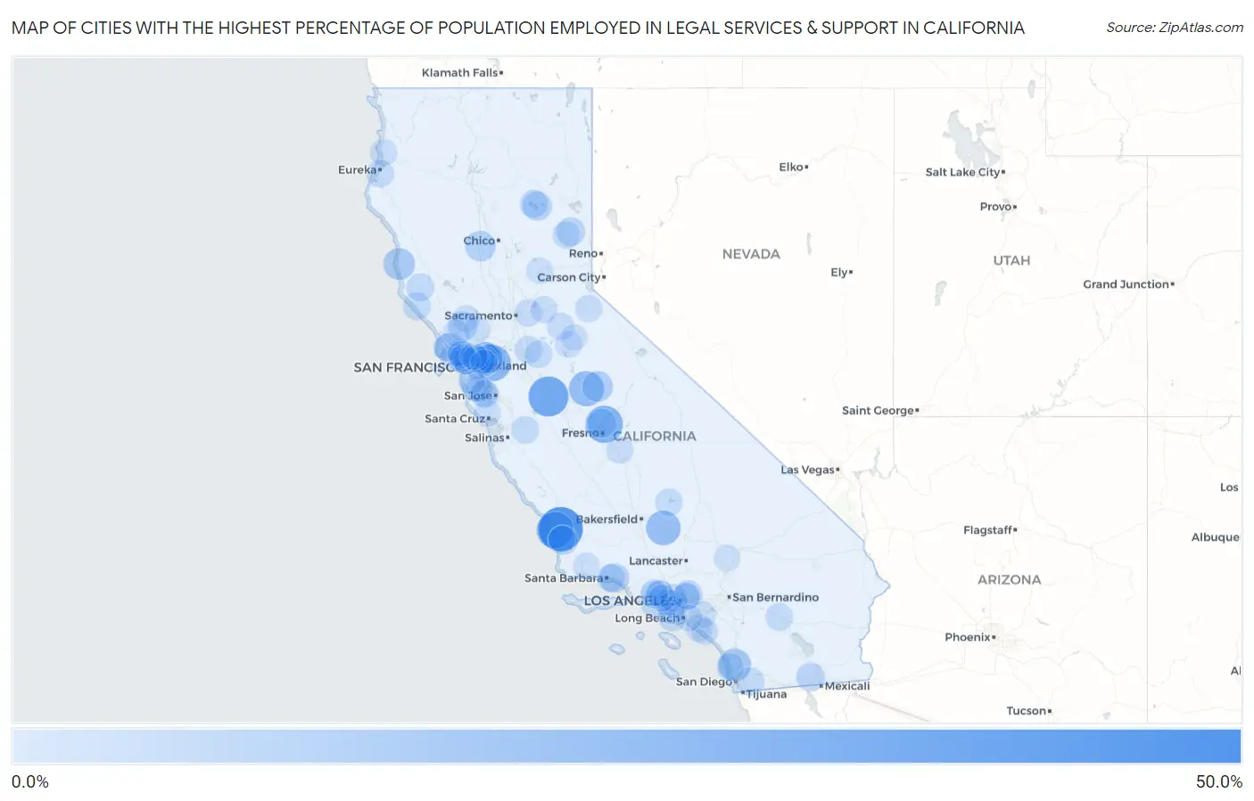 Cities with the Highest Percentage of Population Employed in Legal Services & Support in California Map