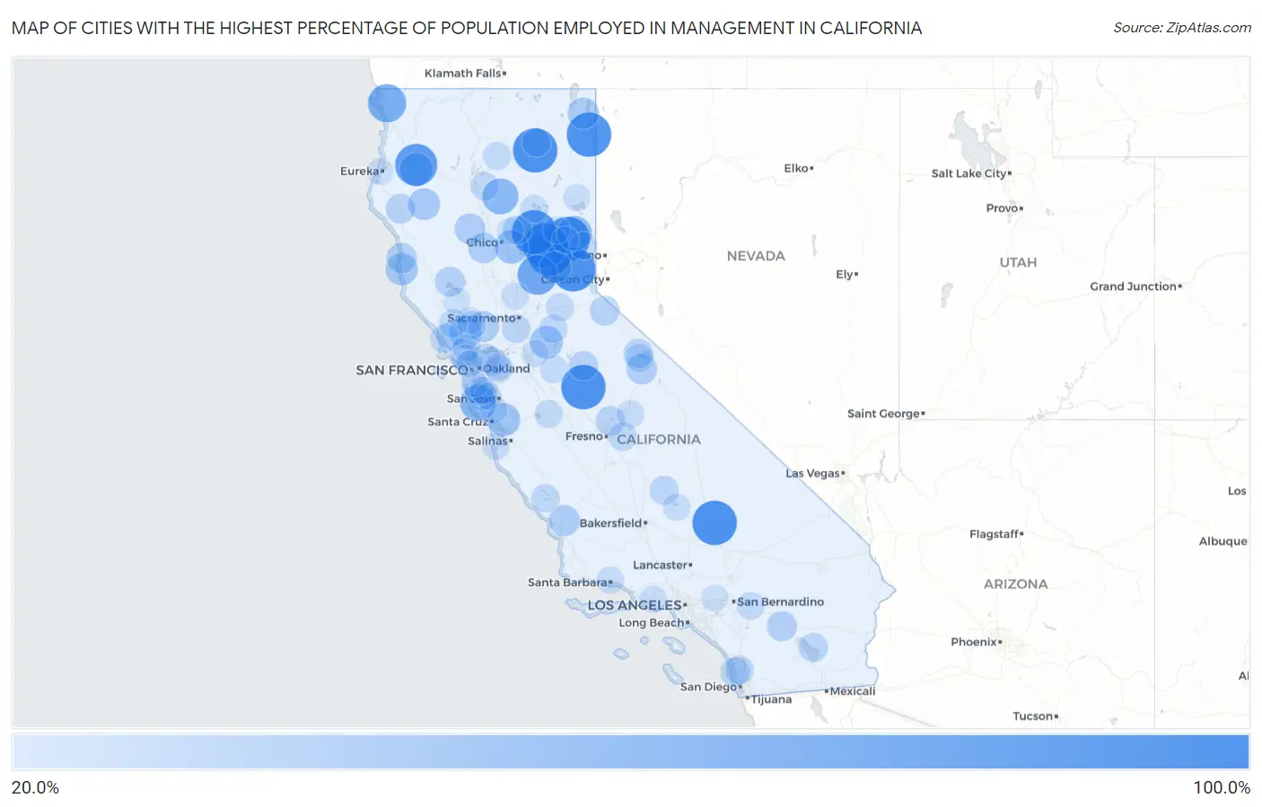 Cities with the Highest Percentage of Population Employed in Management in California Map