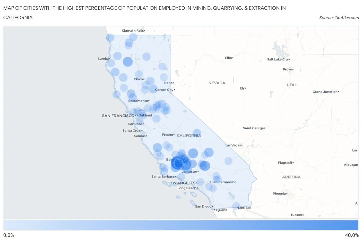 Cities with the Highest Percentage of Population Employed in Mining, Quarrying, & Extraction in California Map