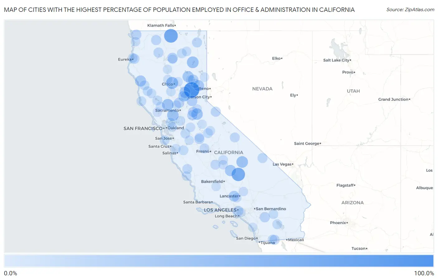 Cities with the Highest Percentage of Population Employed in Office & Administration in California Map