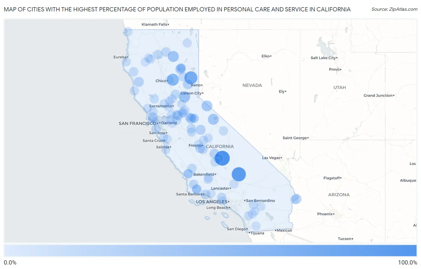 Cities with the Highest Percentage of Population Employed in Personal Care and Service in California Map
