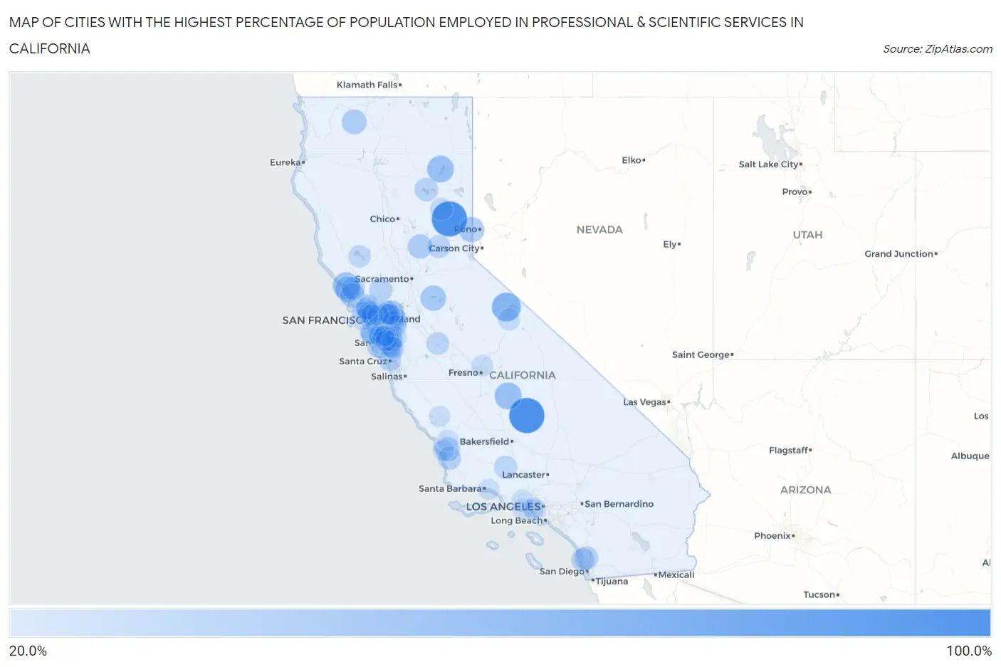 Cities with the Highest Percentage of Population Employed in Professional & Scientific Services in California Map