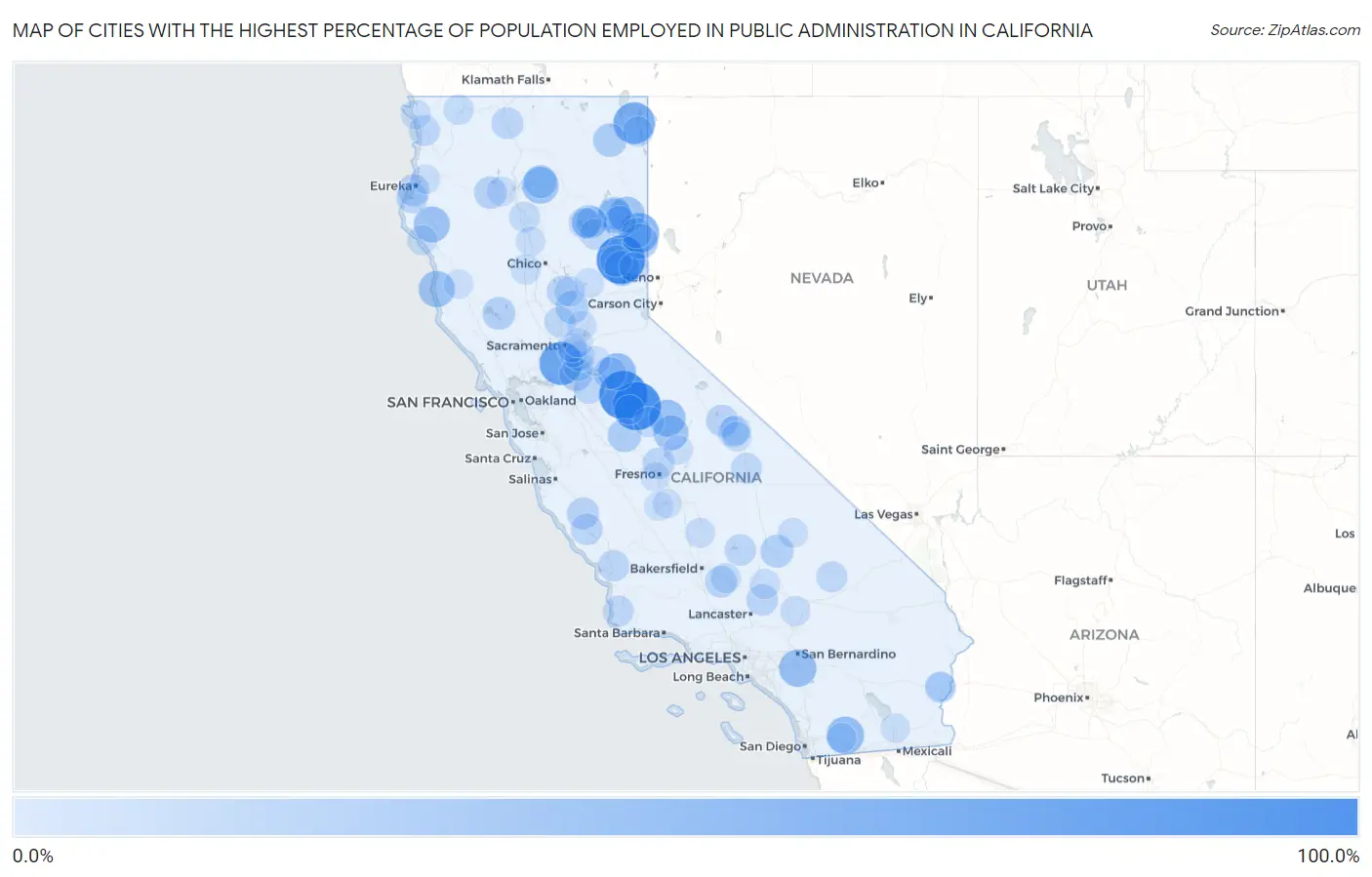 Cities with the Highest Percentage of Population Employed in Public Administration in California Map