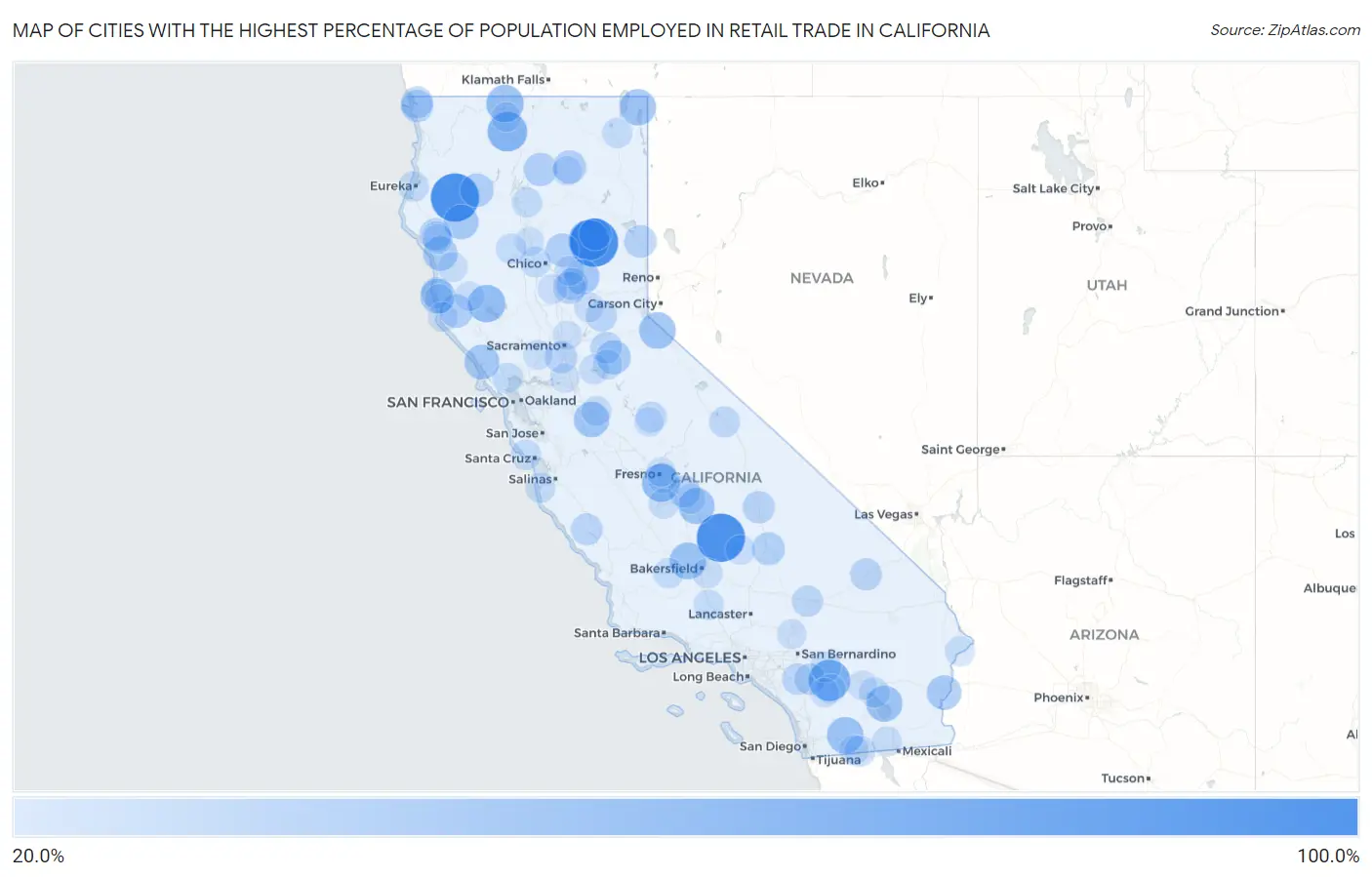 Cities with the Highest Percentage of Population Employed in Retail Trade in California Map