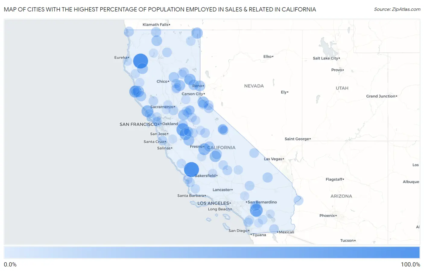 Cities with the Highest Percentage of Population Employed in Sales & Related in California Map
