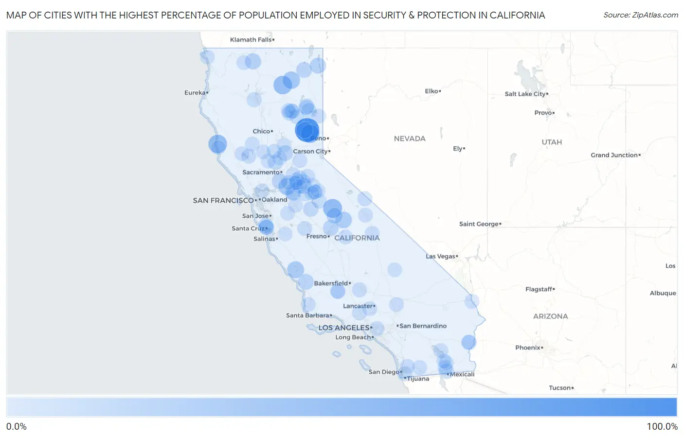 Cities with the Highest Percentage of Population Employed in Security & Protection in California Map