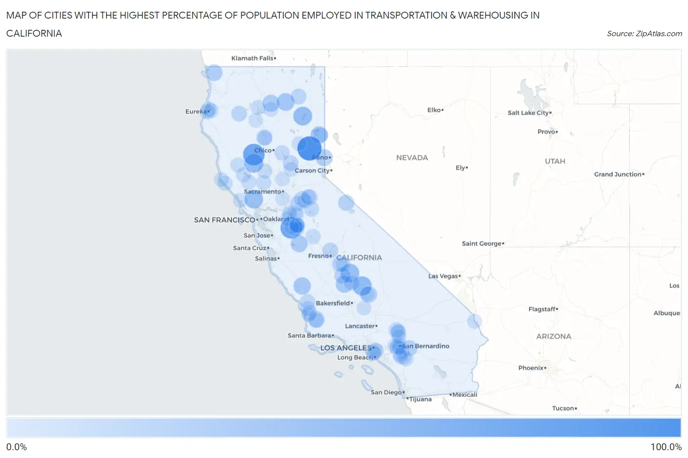 Cities with the Highest Percentage of Population Employed in Transportation & Warehousing in California Map