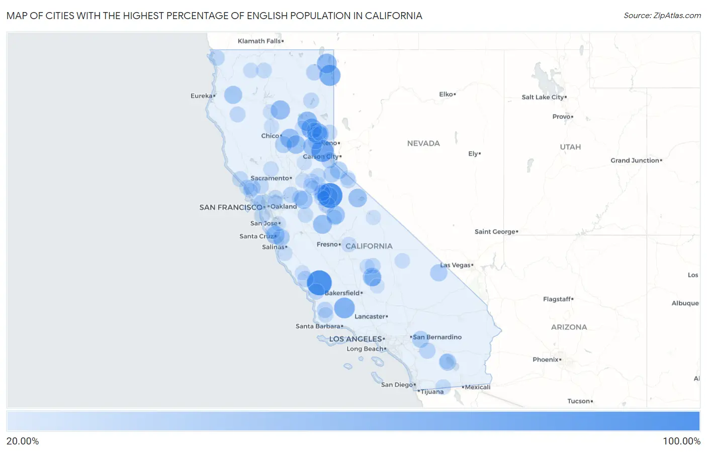 Cities with the Highest Percentage of English Population in California Map
