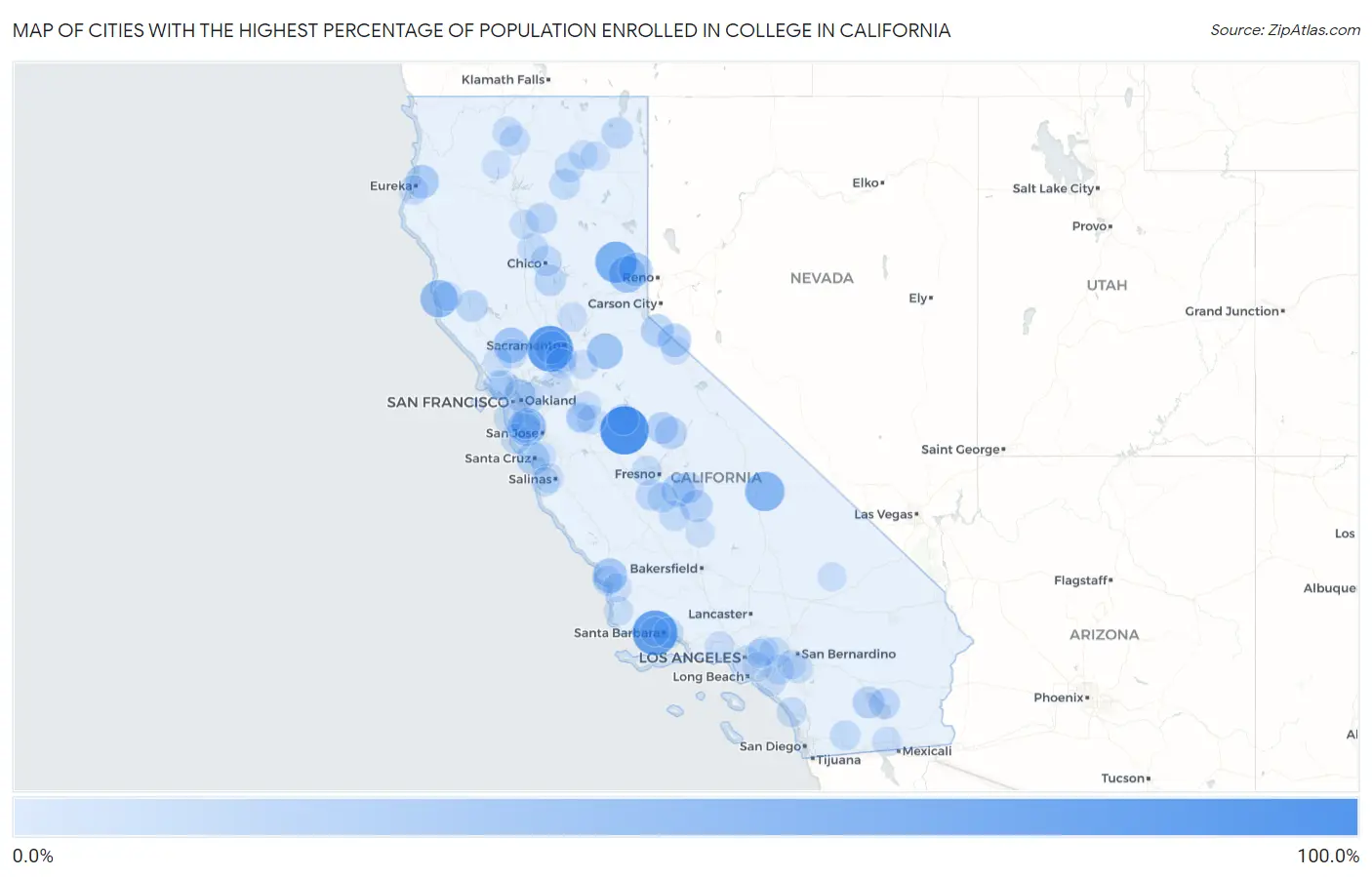 Cities with the Highest Percentage of Population Enrolled in College in California Map
