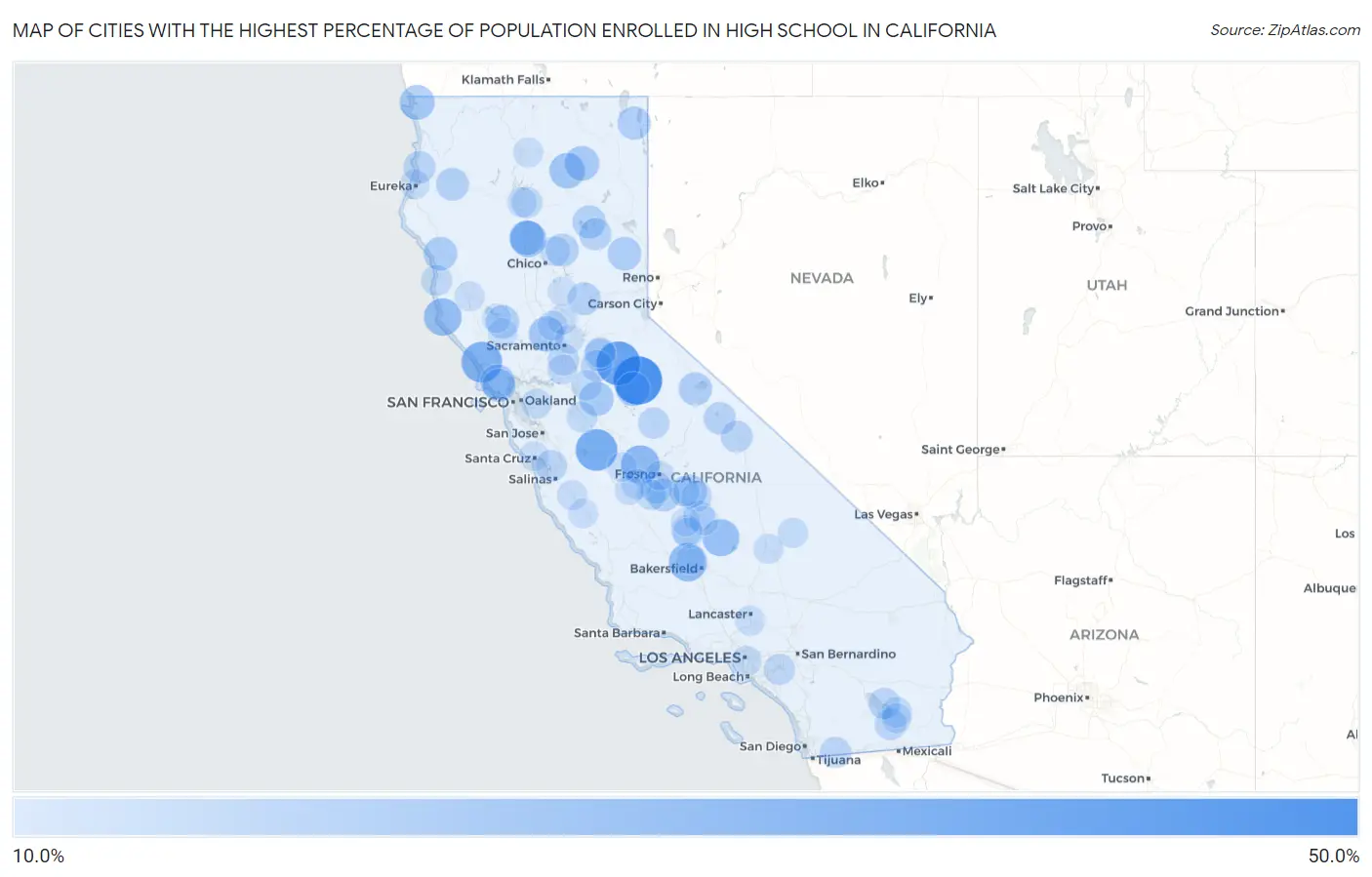 Cities with the Highest Percentage of Population Enrolled in High School in California Map
