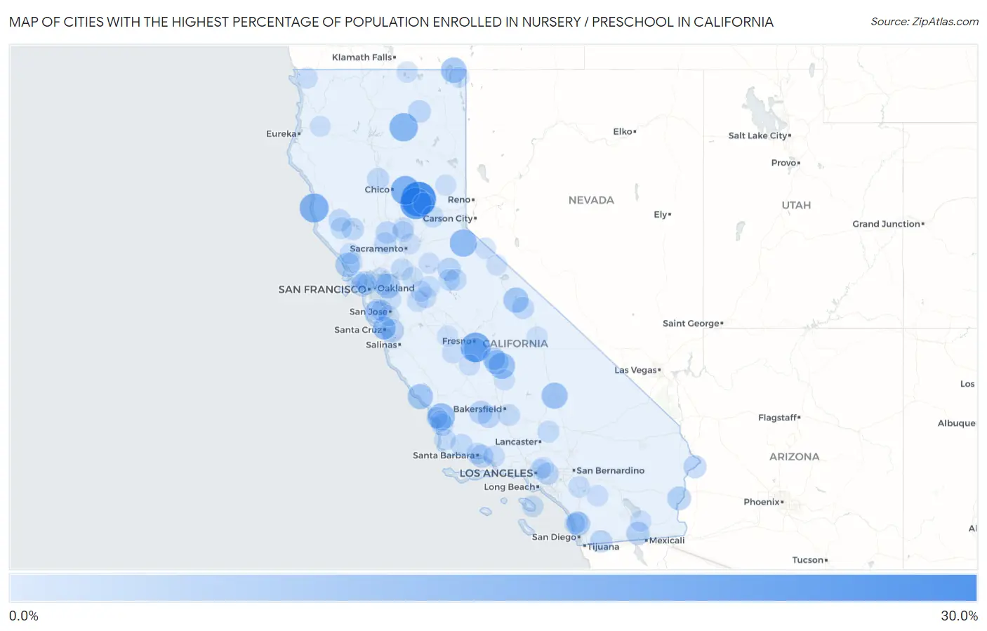Cities with the Highest Percentage of Population Enrolled in Nursery / Preschool in California Map