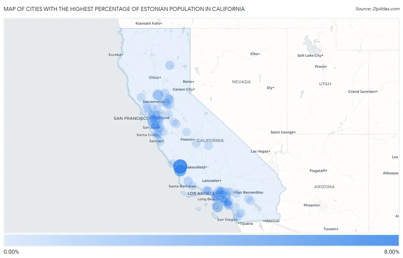 Cities with the Highest Percentage of Estonian Population in California Map