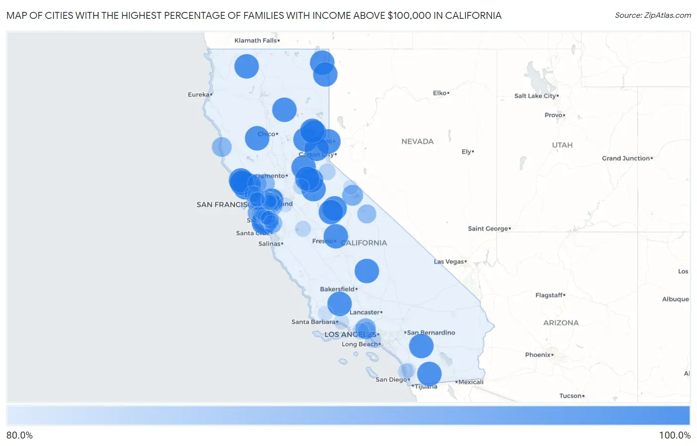 Cities with the Highest Percentage of Families with Income Above $100,000 in California Map