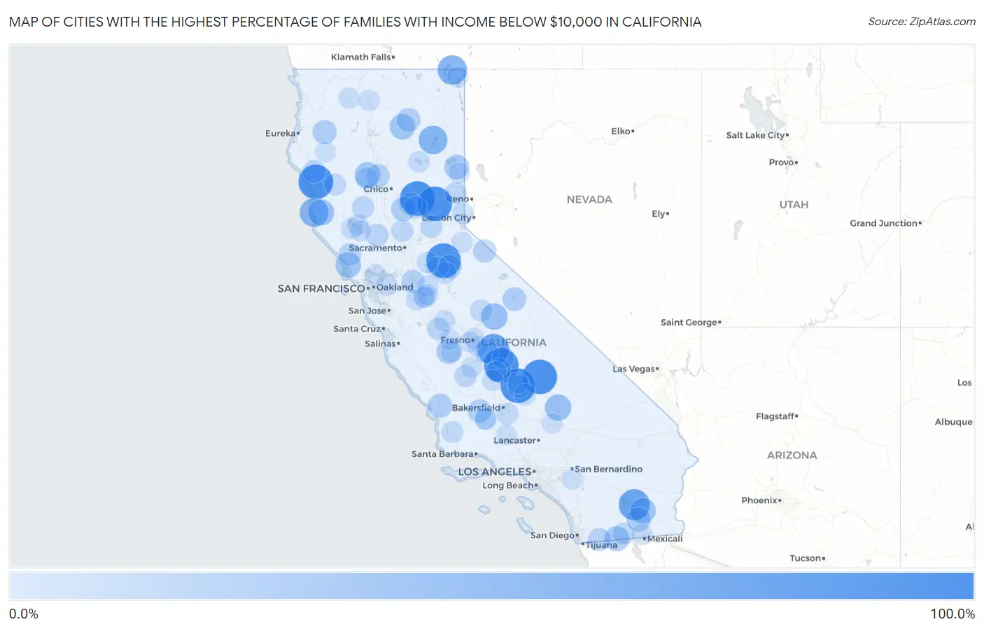 Cities with the Highest Percentage of Families with Income Below $10,000 in California Map