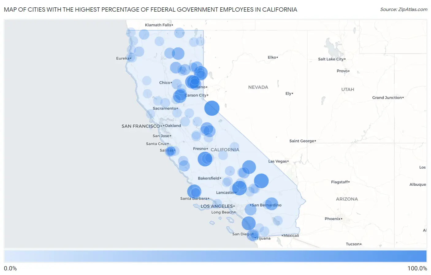 Cities with the Highest Percentage of Federal Government Employees in California Map