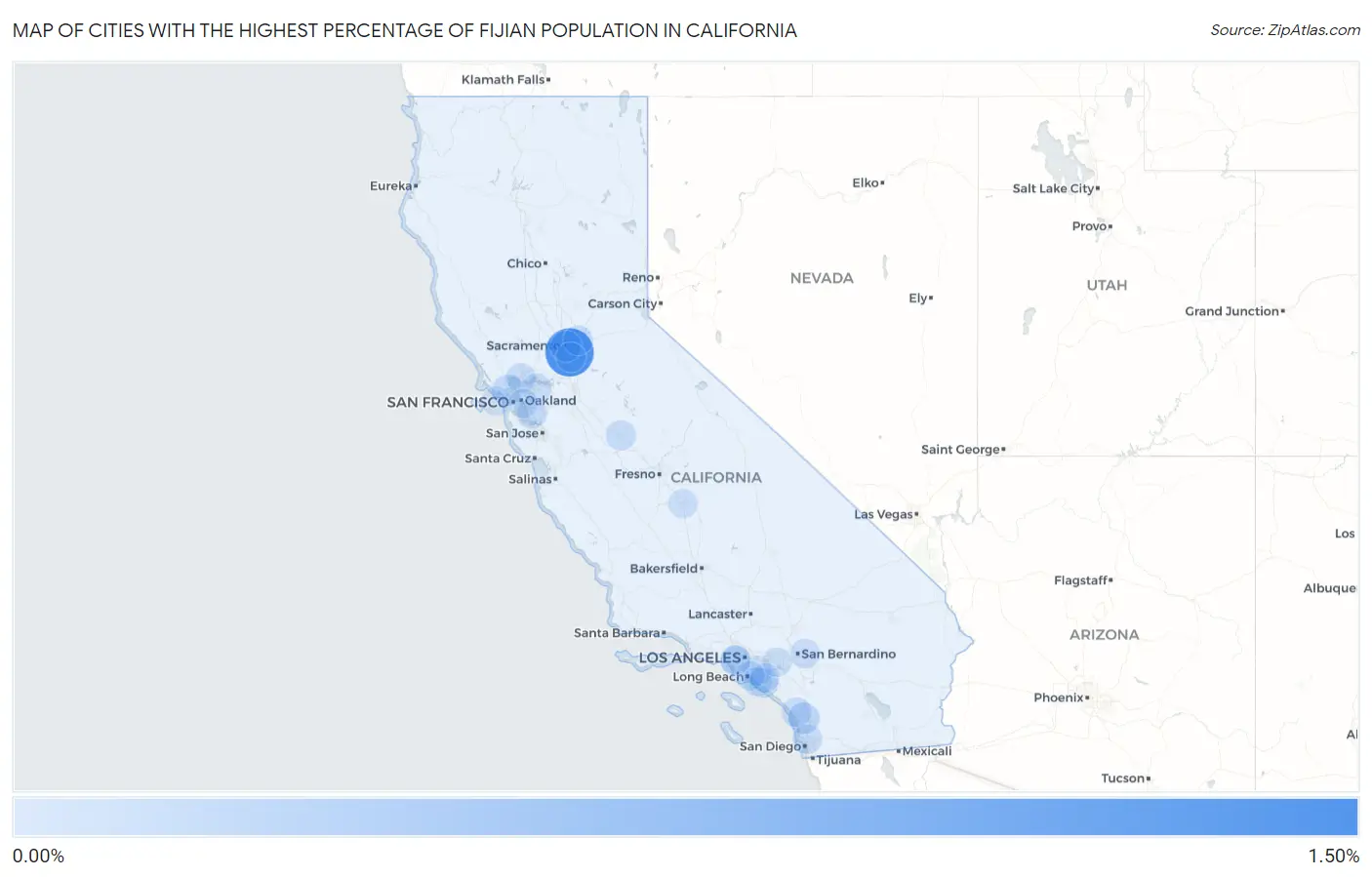 Cities with the Highest Percentage of Fijian Population in California Map