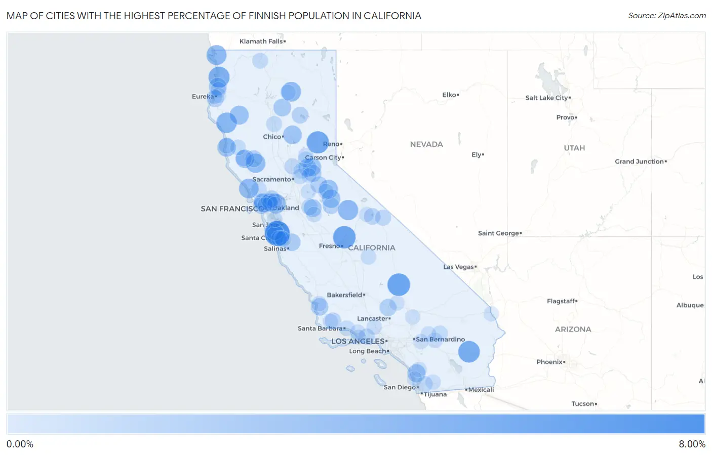 Cities with the Highest Percentage of Finnish Population in California Map